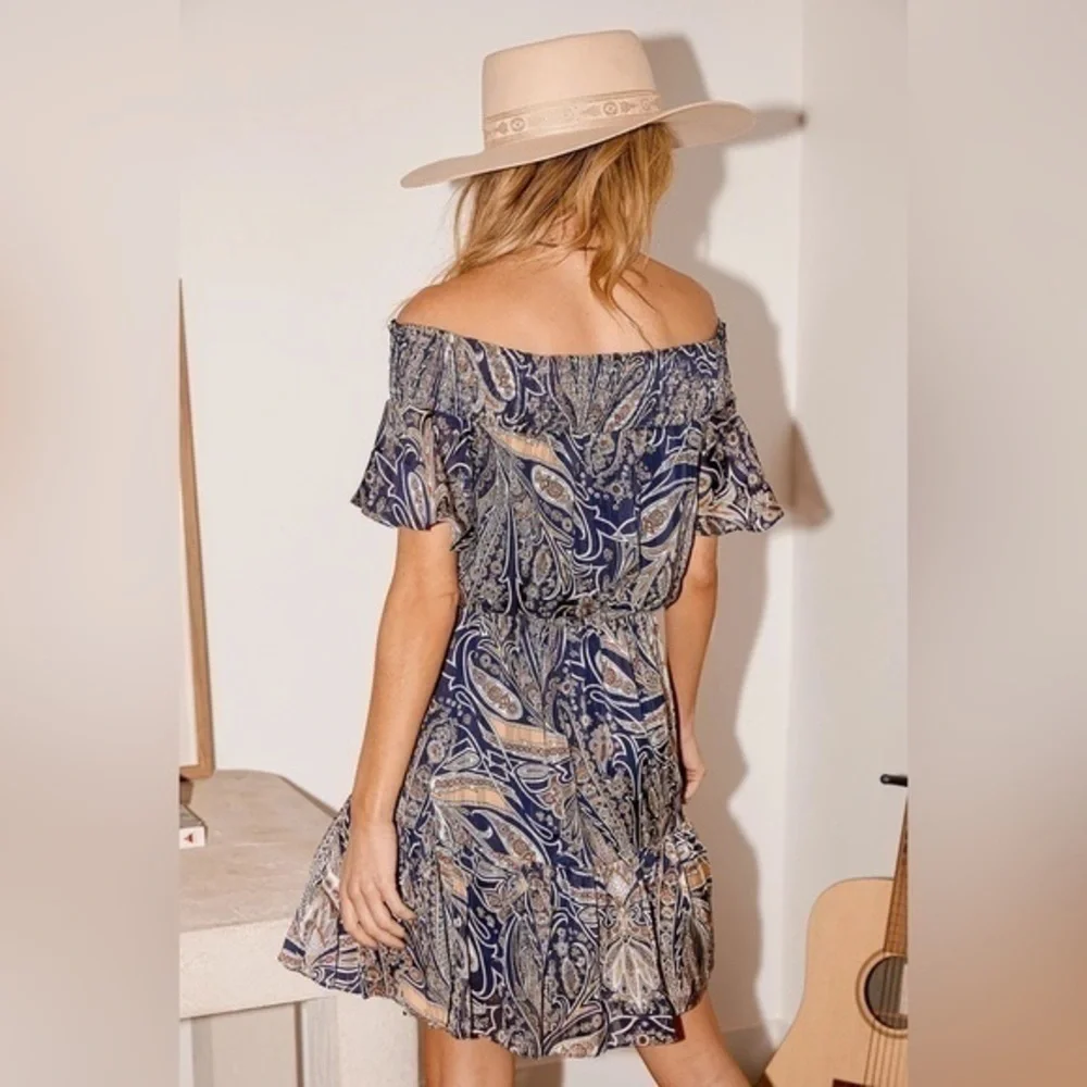 Lulu’s Always Right Navy Blue Multi Print Off-The-Shoulder Dress Small AD5